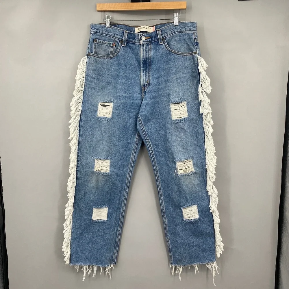Levi's 550 Vintage Relaxed‎ Fit Jeans Distressed Fringe Blue Denim Men's W34 L32